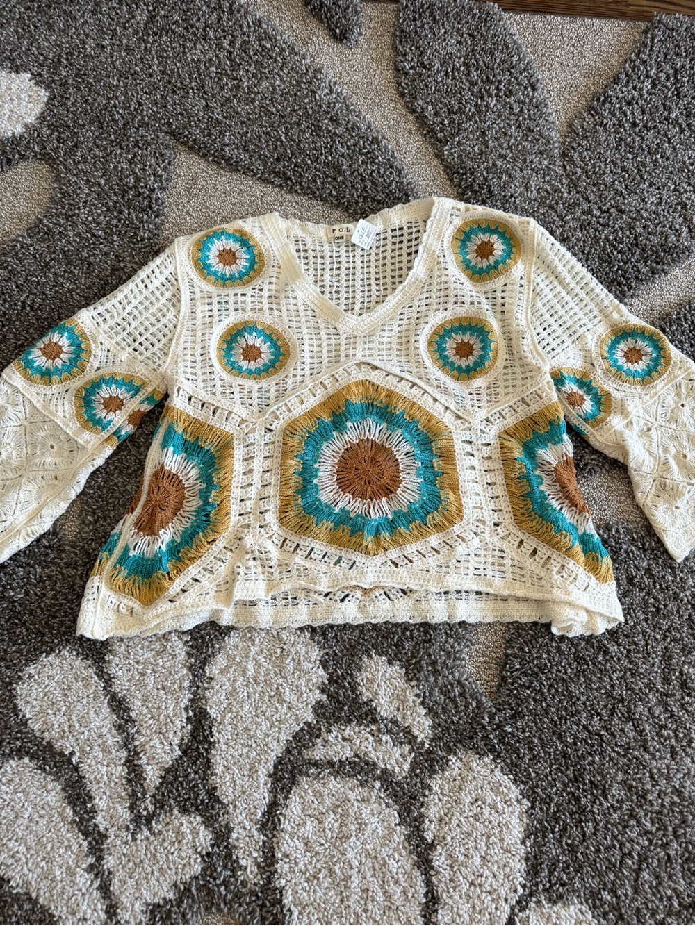 POL Cream Crocheted V-Neck Sweater with Teal and Brown Motifs